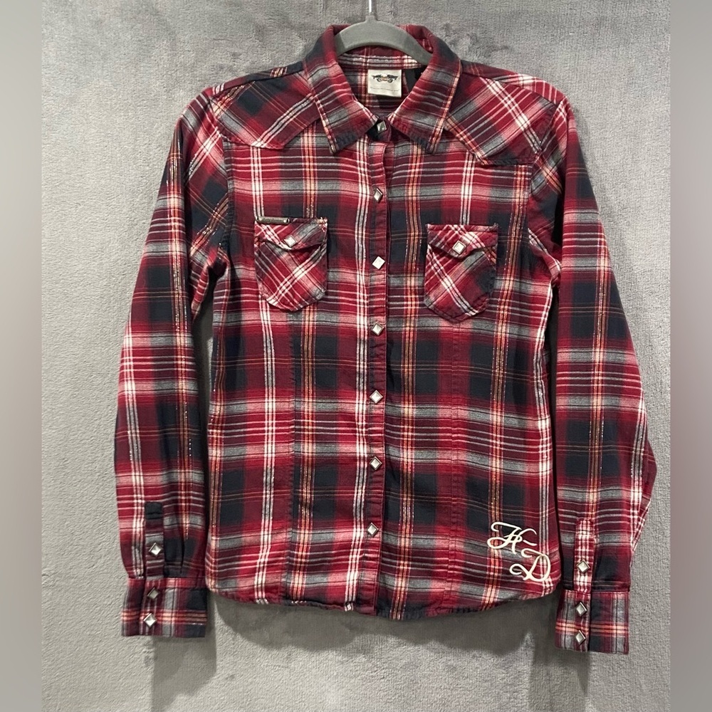 Harley Davidson Motorcycles Red Black Plaid Pearl Snap Shirt Women’s Small